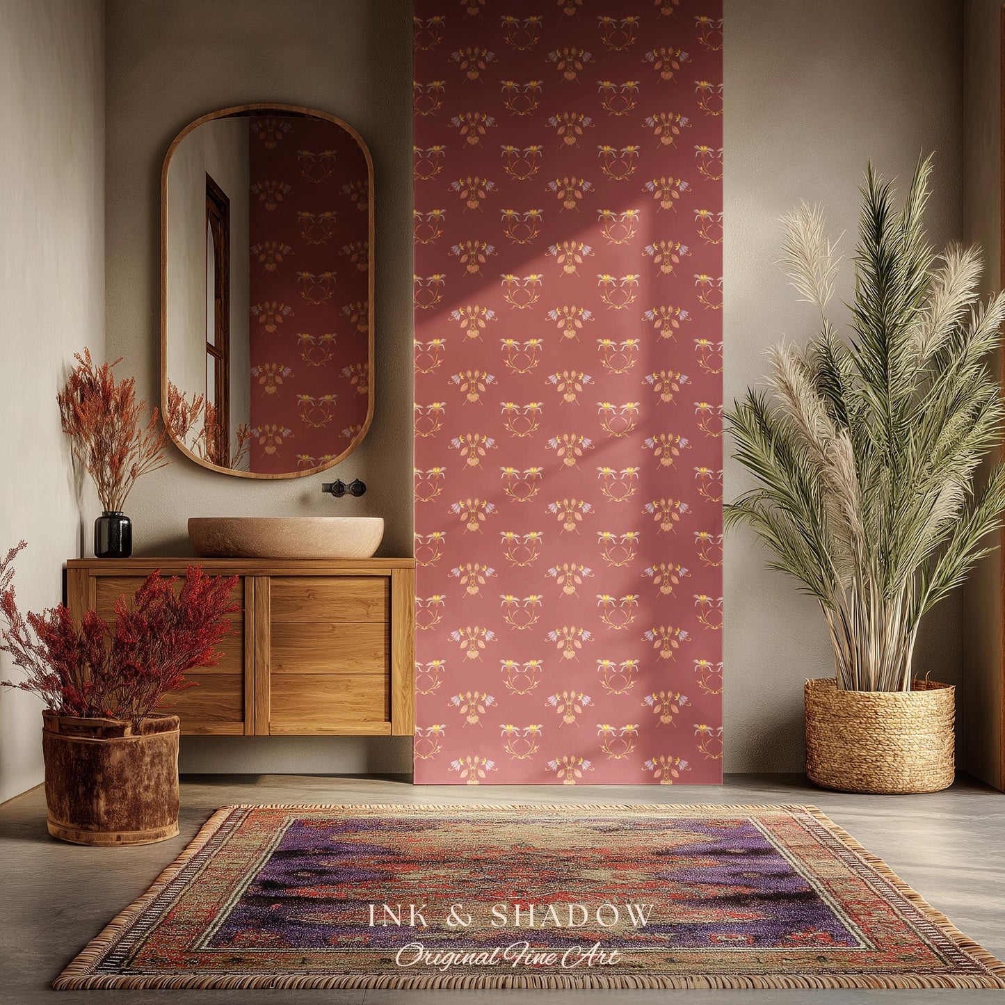 Burgundy Art Nouveau Floral Wallpaper | Geometric Botanical Parlor Wall Art Peel and Stick Nostalgic Design Renter Friendly Old-World Room
