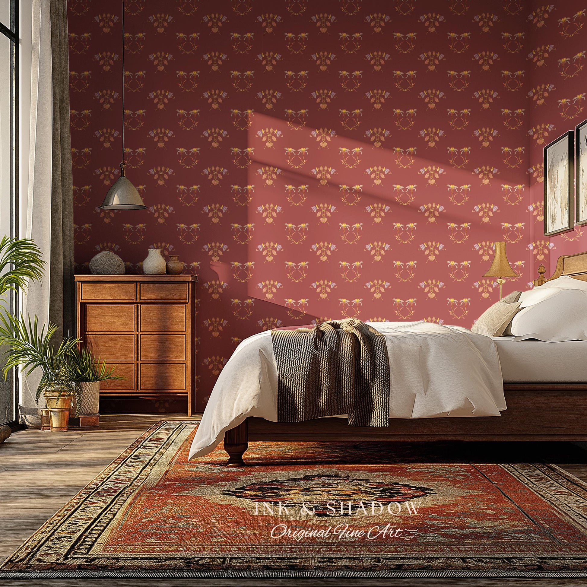 Burgundy Art Nouveau Floral Wallpaper | Geometric Botanical Parlor Wall Art Peel and Stick Nostalgic Design Renter Friendly Old-World Room