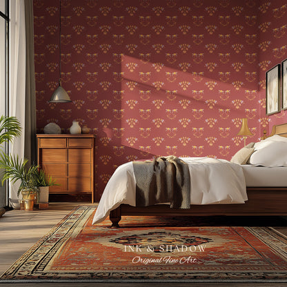 Burgundy Art Nouveau Floral Wallpaper | Geometric Botanical Parlor Wall Art Peel and Stick Nostalgic Design Renter Friendly Old-World Room