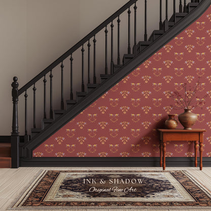 Burgundy Art Nouveau Floral Wallpaper | Geometric Botanical Parlor Wall Art Peel and Stick Nostalgic Design Renter Friendly Old-World Room