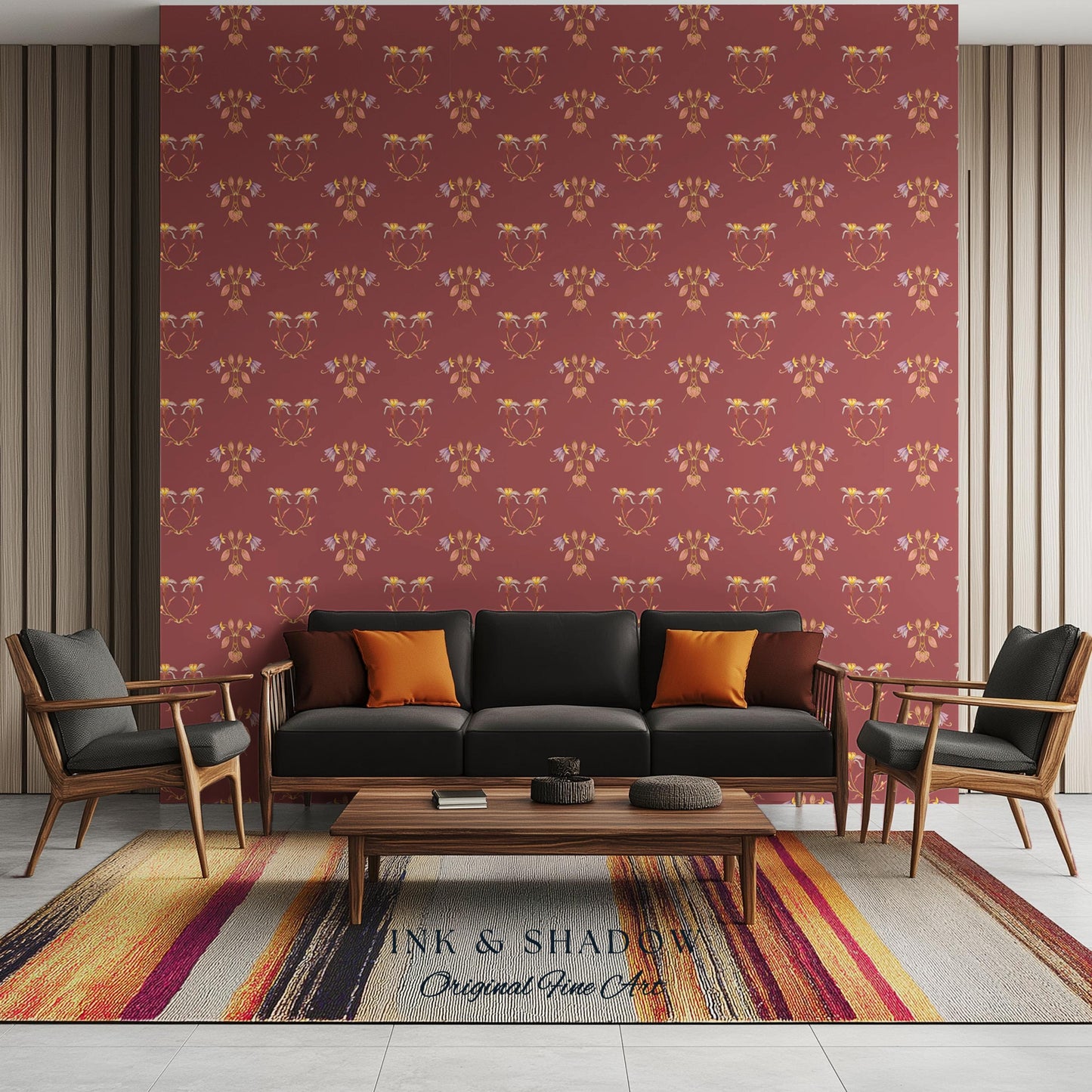 Burgundy Art Nouveau Floral Wallpaper | Geometric Botanical Parlor Wall Art Peel and Stick Nostalgic Design Renter Friendly Old-World Room