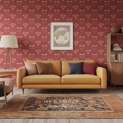 Burgundy Art Nouveau Floral Wallpaper | Geometric Botanical Parlor Wall Art Peel and Stick Nostalgic Design Renter Friendly Old-World Room