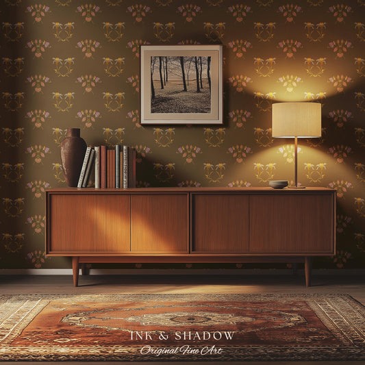 Sepia Floral Wallpaper Renaissance Style | Elegant Renter Friendly Wall Art Brown Repeating Pattern Luxury Removable Home Decor Baroque