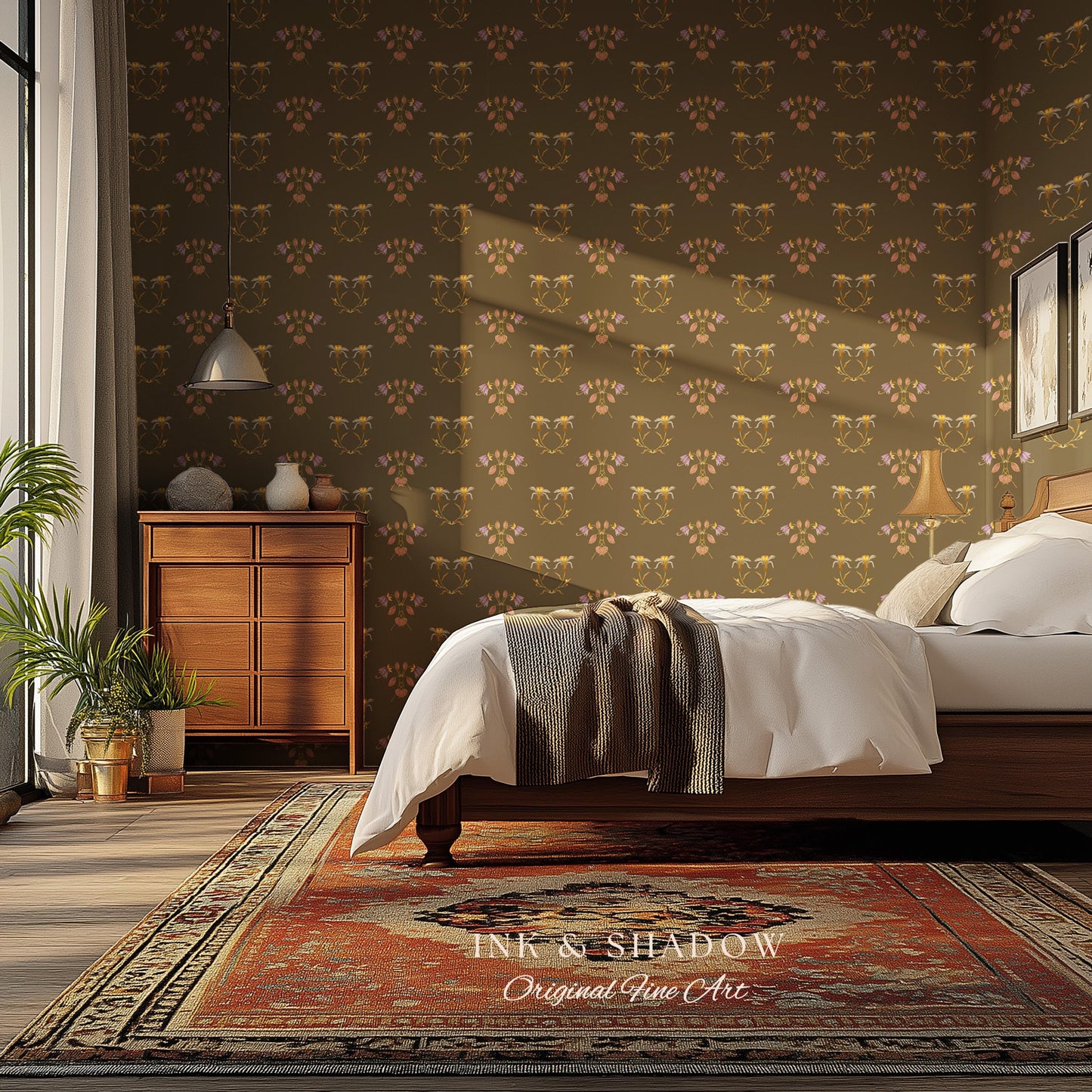 Sepia Floral Wallpaper Renaissance Style | Elegant Renter Friendly Wall Art Brown Repeating Pattern Luxury Removable Home Decor Baroque