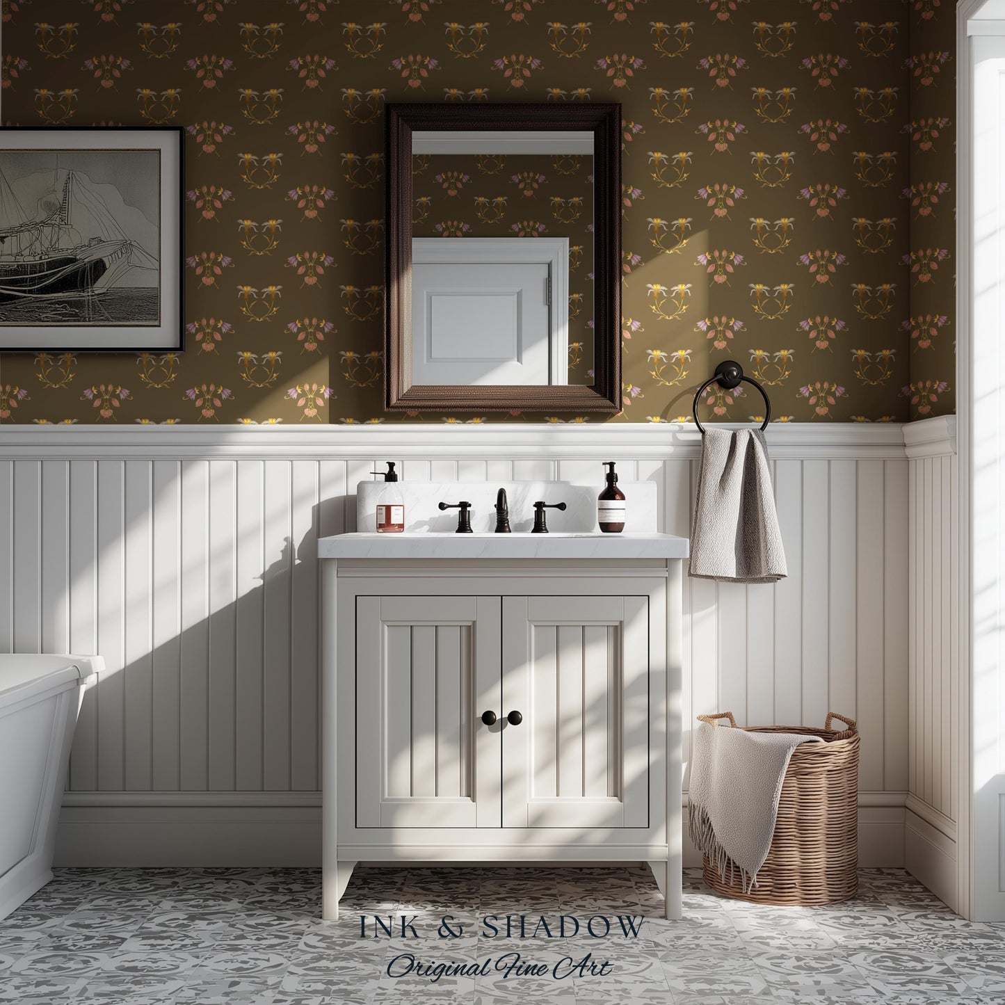 Sepia Floral Wallpaper Renaissance Style | Elegant Renter Friendly Wall Art Brown Repeating Pattern Luxury Removable Home Decor Baroque