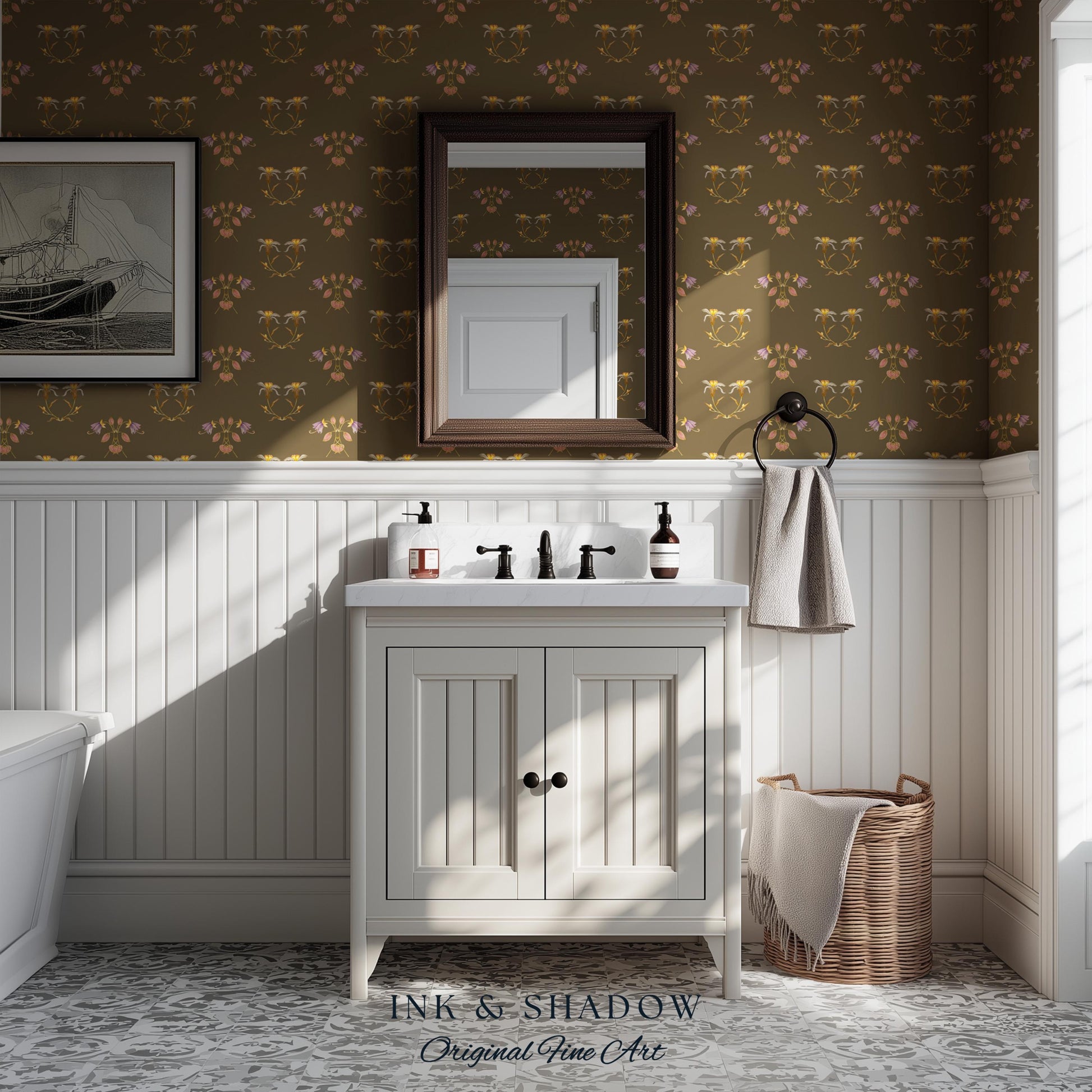 Sepia Floral Wallpaper Renaissance Style | Elegant Renter Friendly Wall Art Brown Repeating Pattern Luxury Removable Home Decor Baroque