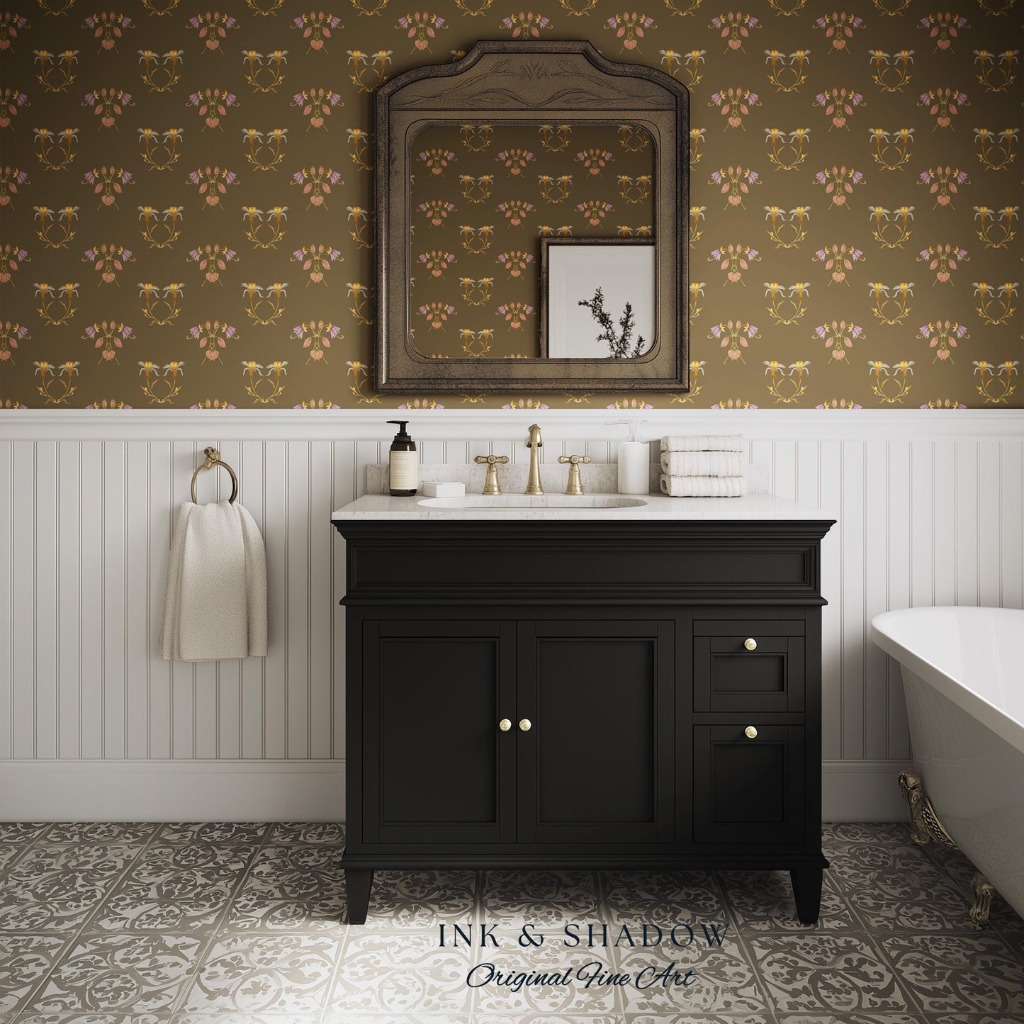 Sepia Floral Wallpaper Renaissance Style | Elegant Renter Friendly Wall Art Brown Repeating Pattern Luxury Removable Home Decor Baroque