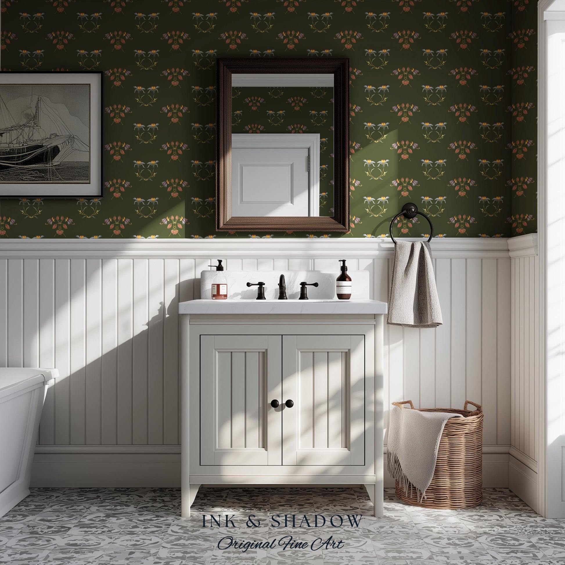 Elegant Olive Green Home Wallpaper | French Wall Art Whimsical Chateau Inspired Peel & Stick Renter Friendly Colorful Bedroom Design Rustic