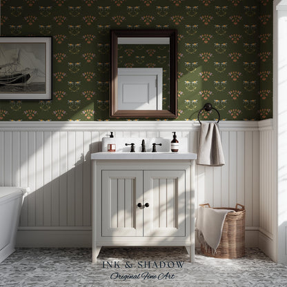 Elegant Olive Green Home Wallpaper | French Wall Art Whimsical Chateau Inspired Peel & Stick Renter Friendly Colorful Bedroom Design Rustic