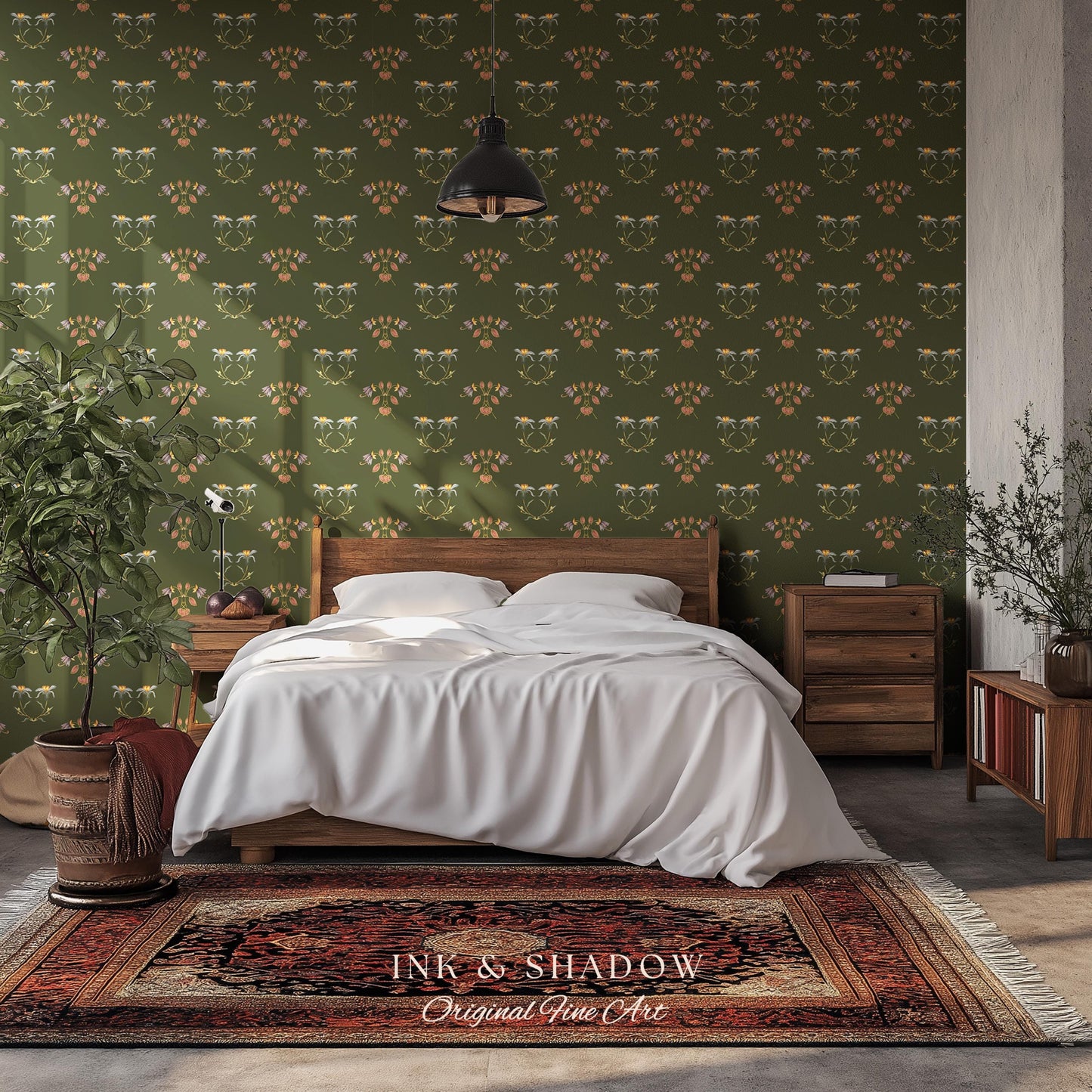 Elegant Olive Green Home Wallpaper | French Wall Art Whimsical Chateau Inspired Peel & Stick Renter Friendly Colorful Bedroom Design Rustic