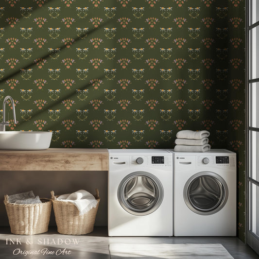 Elegant Olive Green Home Wallpaper | French Wall Art Whimsical Chateau Inspired Peel & Stick Renter Friendly Colorful Bedroom Design Rustic