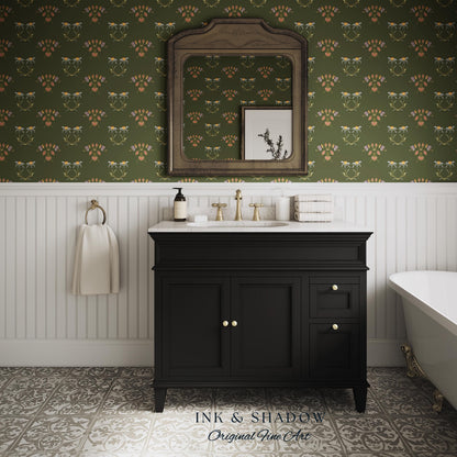 Elegant Olive Green Home Wallpaper | French Wall Art Whimsical Chateau Inspired Peel & Stick Renter Friendly Colorful Bedroom Design Rustic