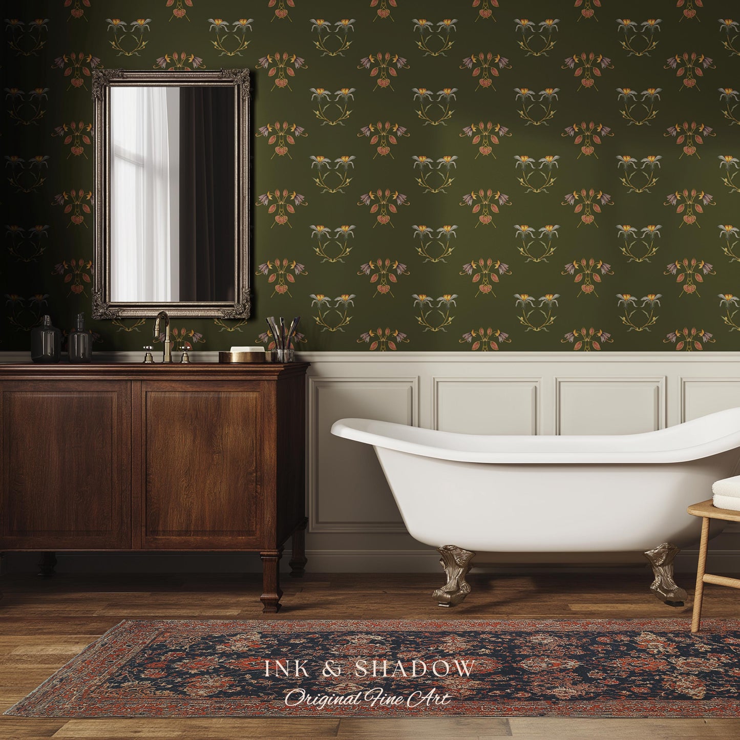 Elegant Olive Green Home Wallpaper | French Wall Art Whimsical Chateau Inspired Peel & Stick Renter Friendly Colorful Bedroom Design Rustic