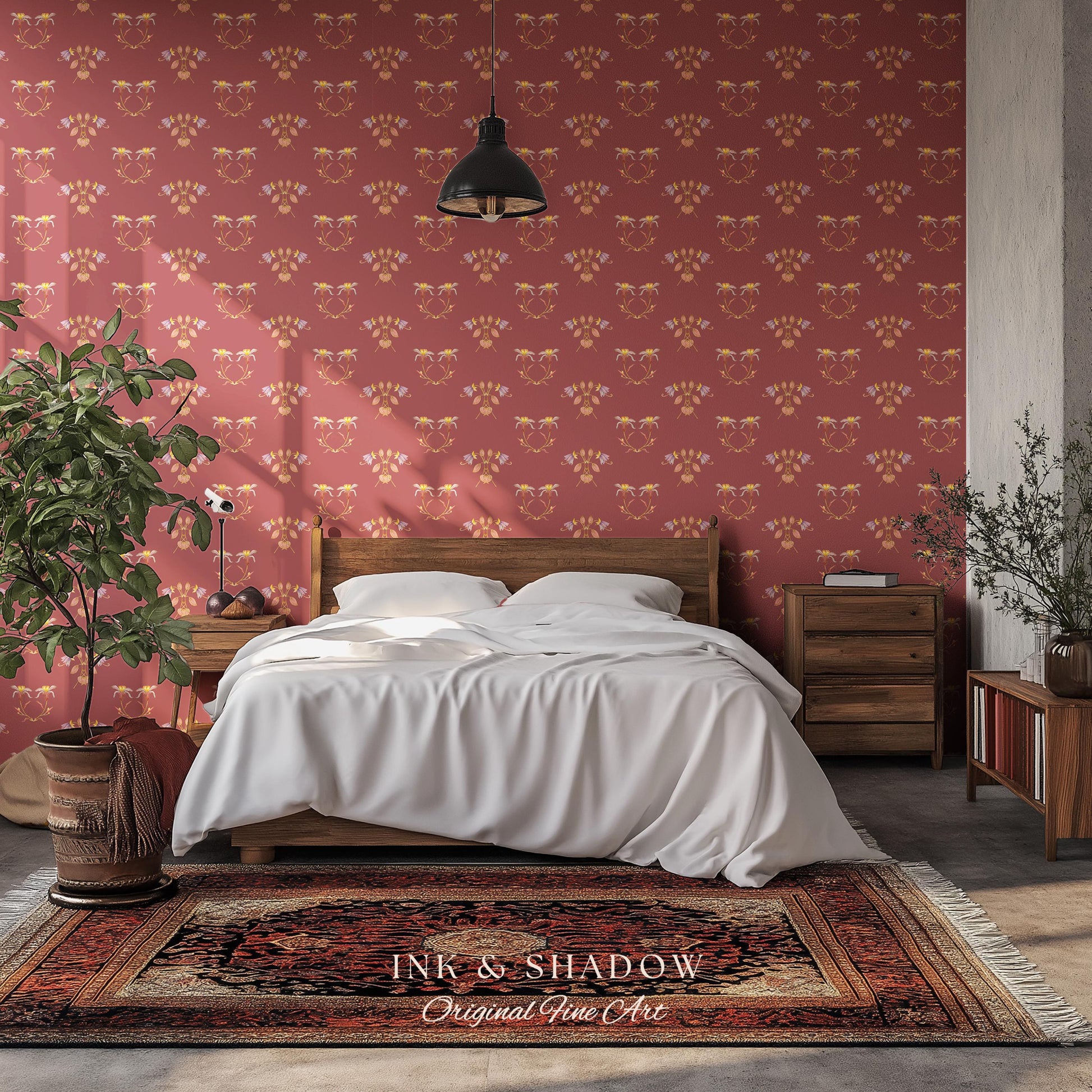 Burgundy Art Nouveau Floral Wallpaper | Geometric Botanical Parlor Wall Art Peel and Stick Nostalgic Design Renter Friendly Old-World Room