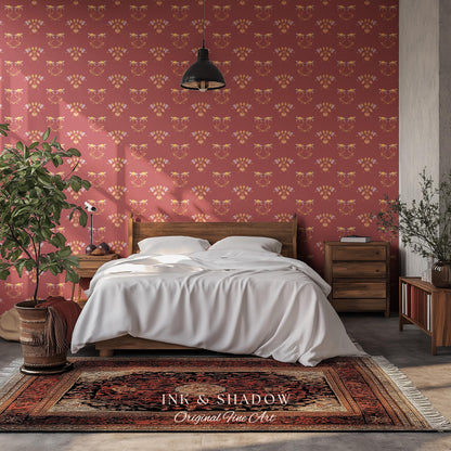 Burgundy Art Nouveau Floral Wallpaper | Geometric Botanical Parlor Wall Art Peel and Stick Nostalgic Design Renter Friendly Old-World Room