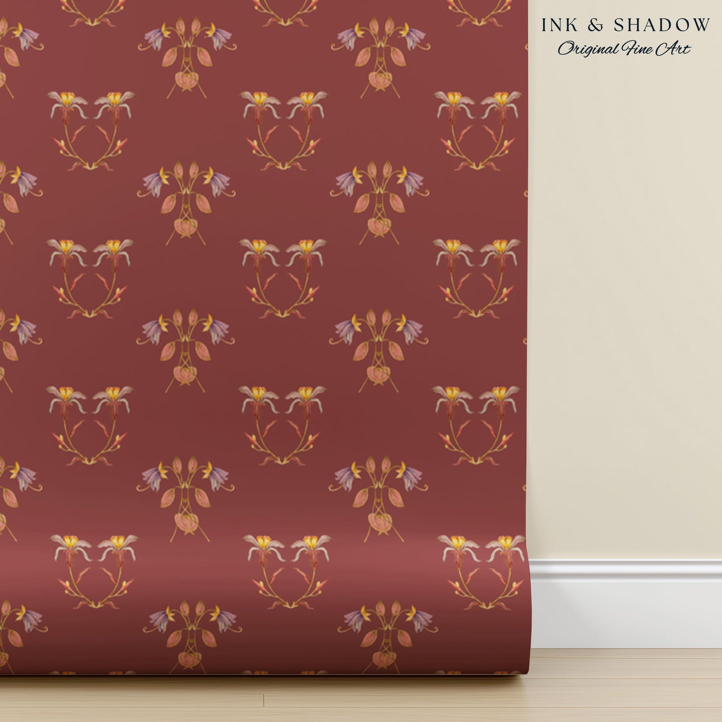Burgundy Art Nouveau Floral Wallpaper | Geometric Botanical Parlor Wall Art Peel and Stick Nostalgic Design Renter Friendly Old-World Room
