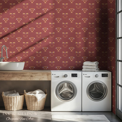 Burgundy Art Nouveau Floral Wallpaper | Geometric Botanical Parlor Wall Art Peel and Stick Nostalgic Design Renter Friendly Old-World Room