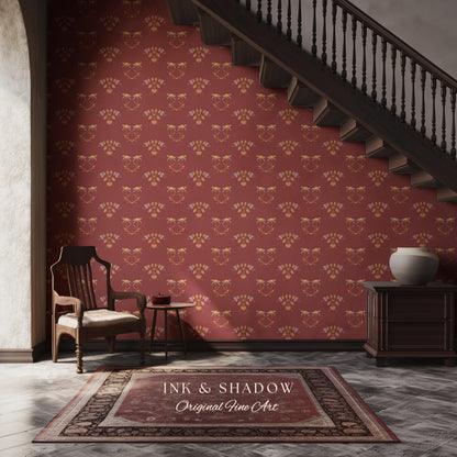 Burgundy Art Nouveau Floral Wallpaper | Geometric Botanical Parlor Wall Art Peel and Stick Nostalgic Design Renter Friendly Old-World Room