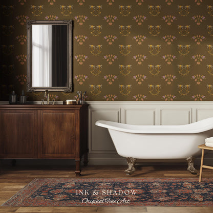 Sepia Floral Wallpaper Renaissance Style | Elegant Renter Friendly Wall Art Brown Repeating Pattern Luxury Removable Home Decor Baroque