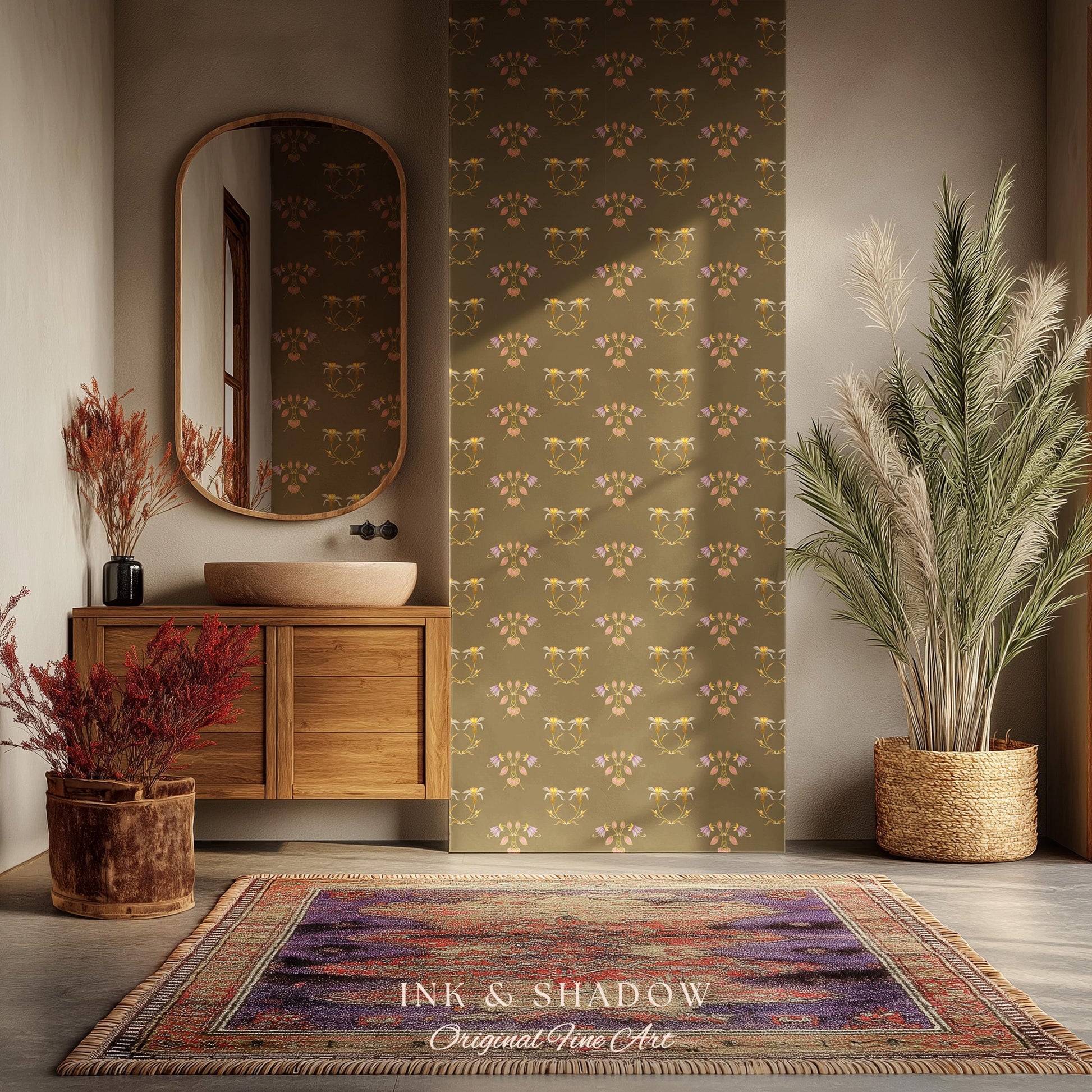 Sepia Floral Wallpaper Renaissance Style | Elegant Renter Friendly Wall Art Brown Repeating Pattern Luxury Removable Home Decor Baroque