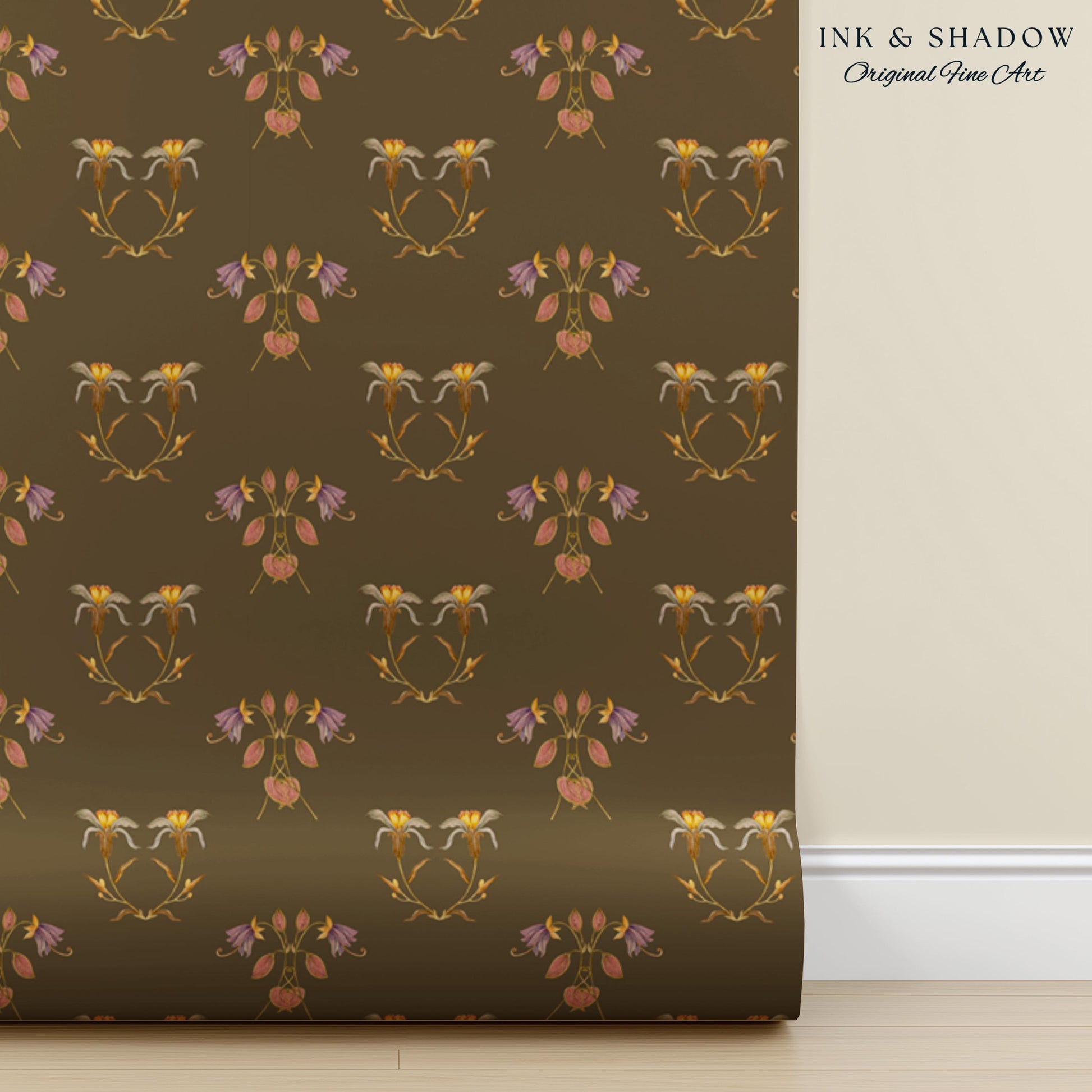 Sepia Floral Wallpaper Renaissance Style | Elegant Renter Friendly Wall Art Brown Repeating Pattern Luxury Removable Home Decor Baroque