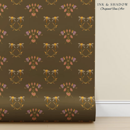 Sepia Floral Wallpaper Renaissance Style | Elegant Renter Friendly Wall Art Brown Repeating Pattern Luxury Removable Home Decor Baroque