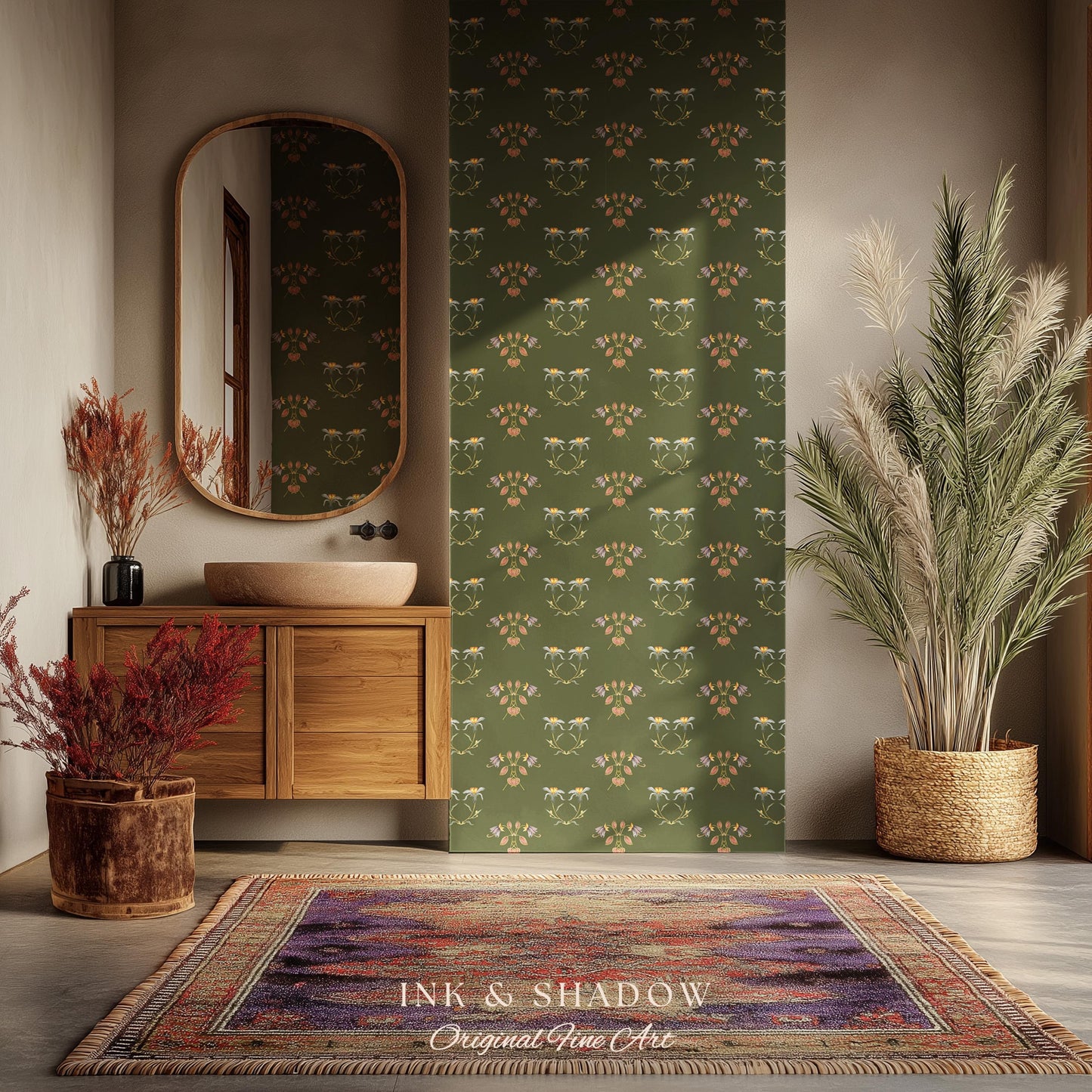 Elegant Olive Green Home Wallpaper | French Wall Art Whimsical Chateau Inspired Peel & Stick Renter Friendly Colorful Bedroom Design Rustic