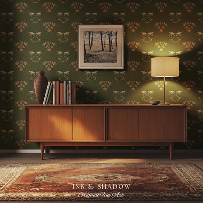 Elegant Olive Green Home Wallpaper | French Wall Art Whimsical Chateau Inspired Peel & Stick Renter Friendly Colorful Bedroom Design Rustic