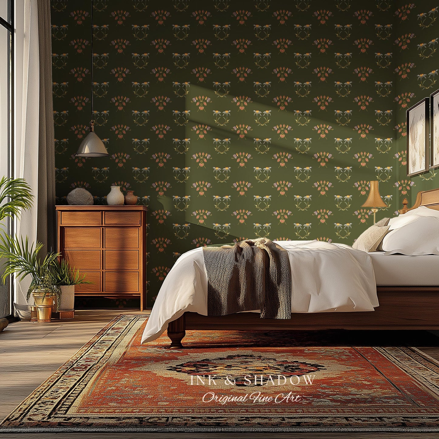 Elegant Olive Green Home Wallpaper | French Wall Art Whimsical Chateau Inspired Peel & Stick Renter Friendly Colorful Bedroom Design Rustic