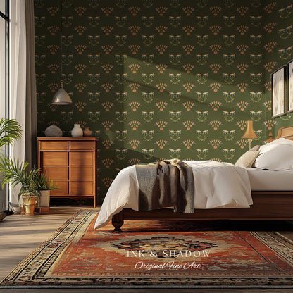 Elegant Olive Green Home Wallpaper | French Wall Art Whimsical Chateau Inspired Peel & Stick Renter Friendly Colorful Bedroom Design Rustic