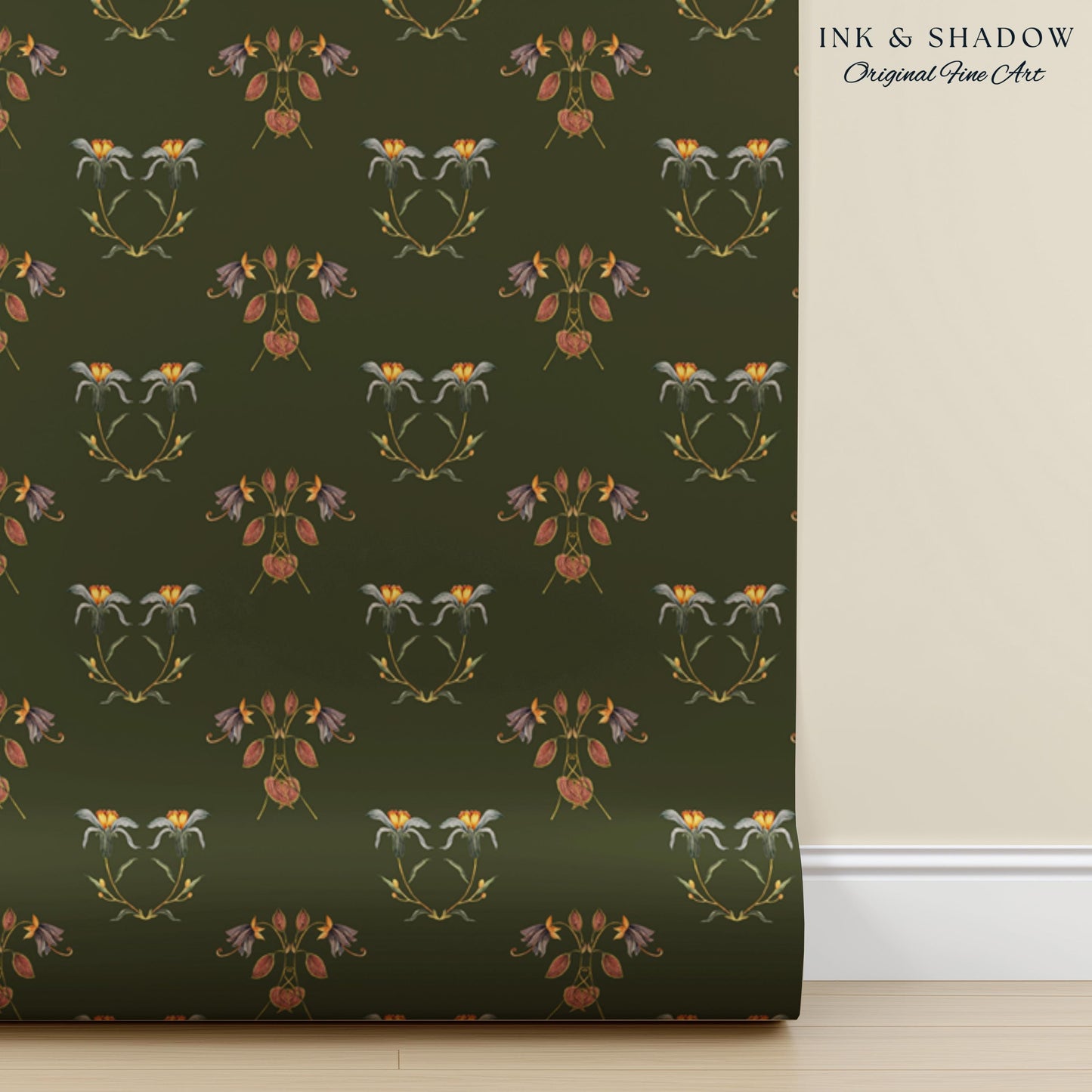 Elegant Olive Green Home Wallpaper | French Wall Art Whimsical Chateau Inspired Peel & Stick Renter Friendly Colorful Bedroom Design Rustic