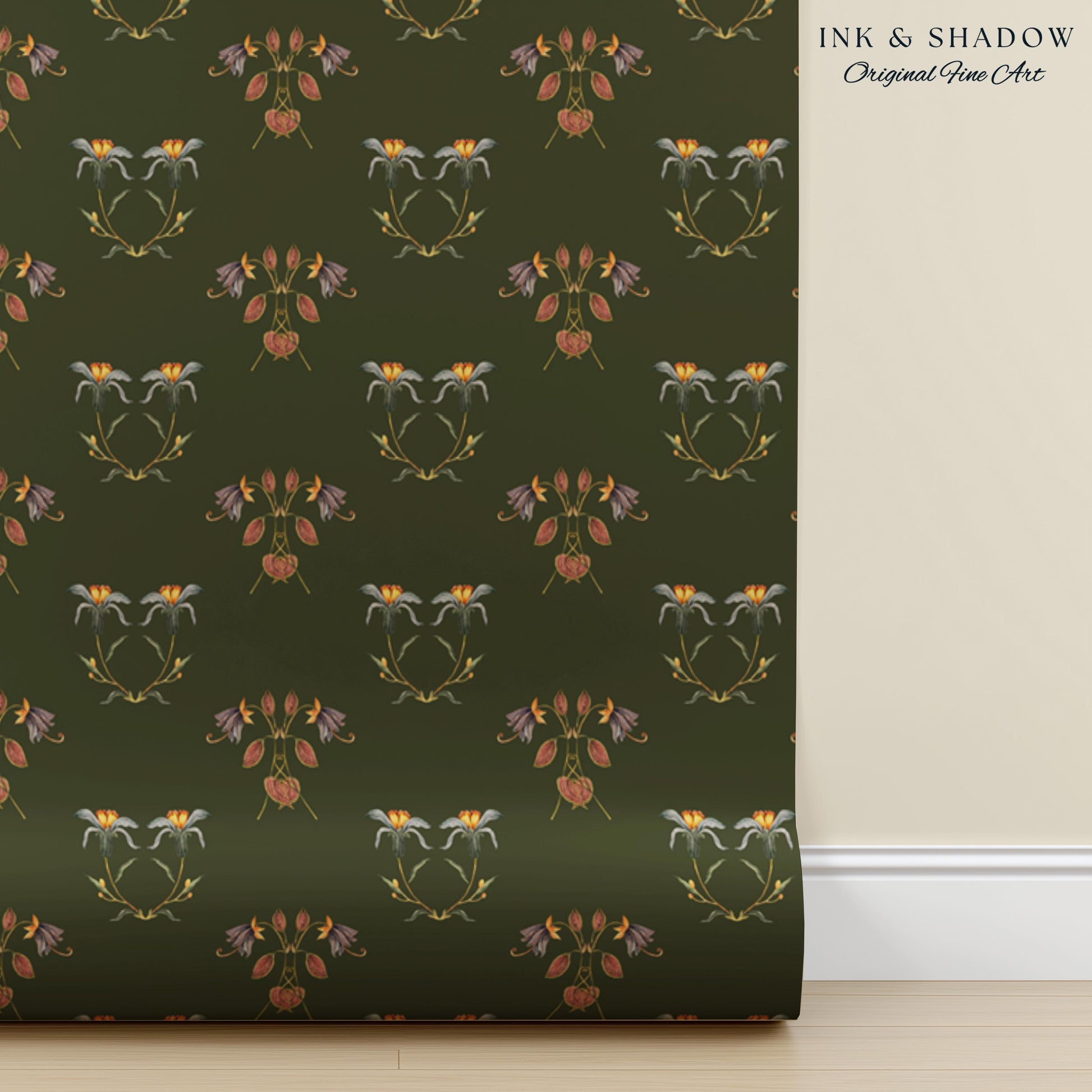 Elegant Olive Green Home Wallpaper | French Wall Art Whimsical Chateau Inspired Peel & Stick Renter Friendly Colorful Bedroom Design Rustic