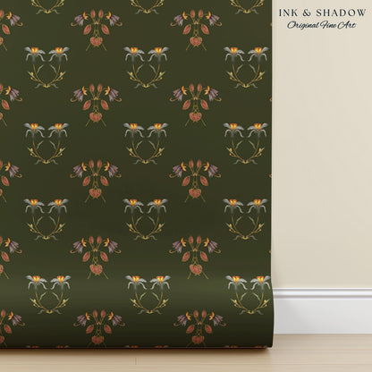 Elegant Olive Green Home Wallpaper | French Wall Art Whimsical Chateau Inspired Peel & Stick Renter Friendly Colorful Bedroom Design Rustic