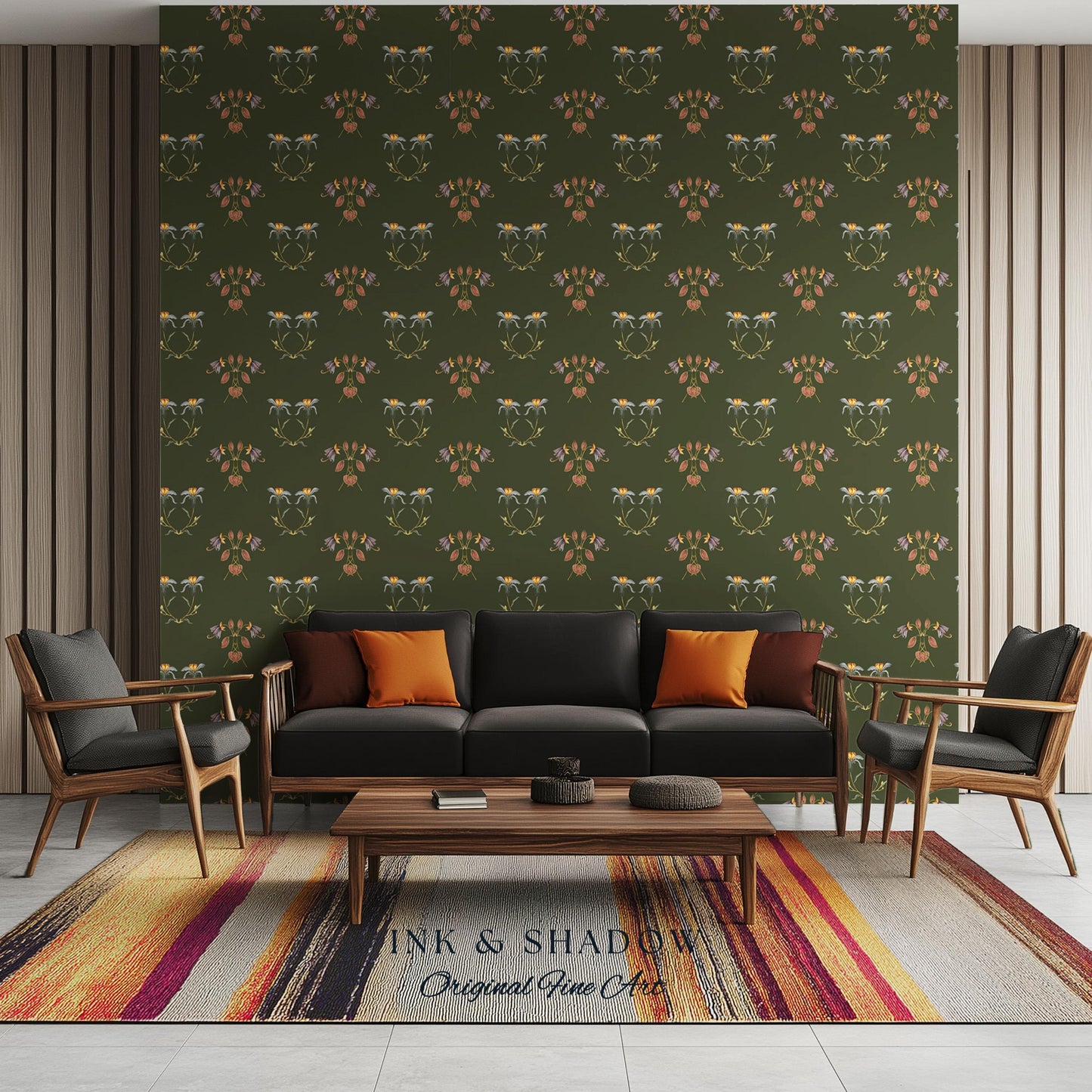 Elegant Olive Green Home Wallpaper | French Wall Art Whimsical Chateau Inspired Peel & Stick Renter Friendly Colorful Bedroom Design Rustic