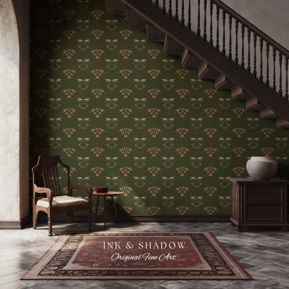 Elegant Olive Green Home Wallpaper | French Wall Art Whimsical Chateau Inspired Peel & Stick Renter Friendly Colorful Bedroom Design Rustic