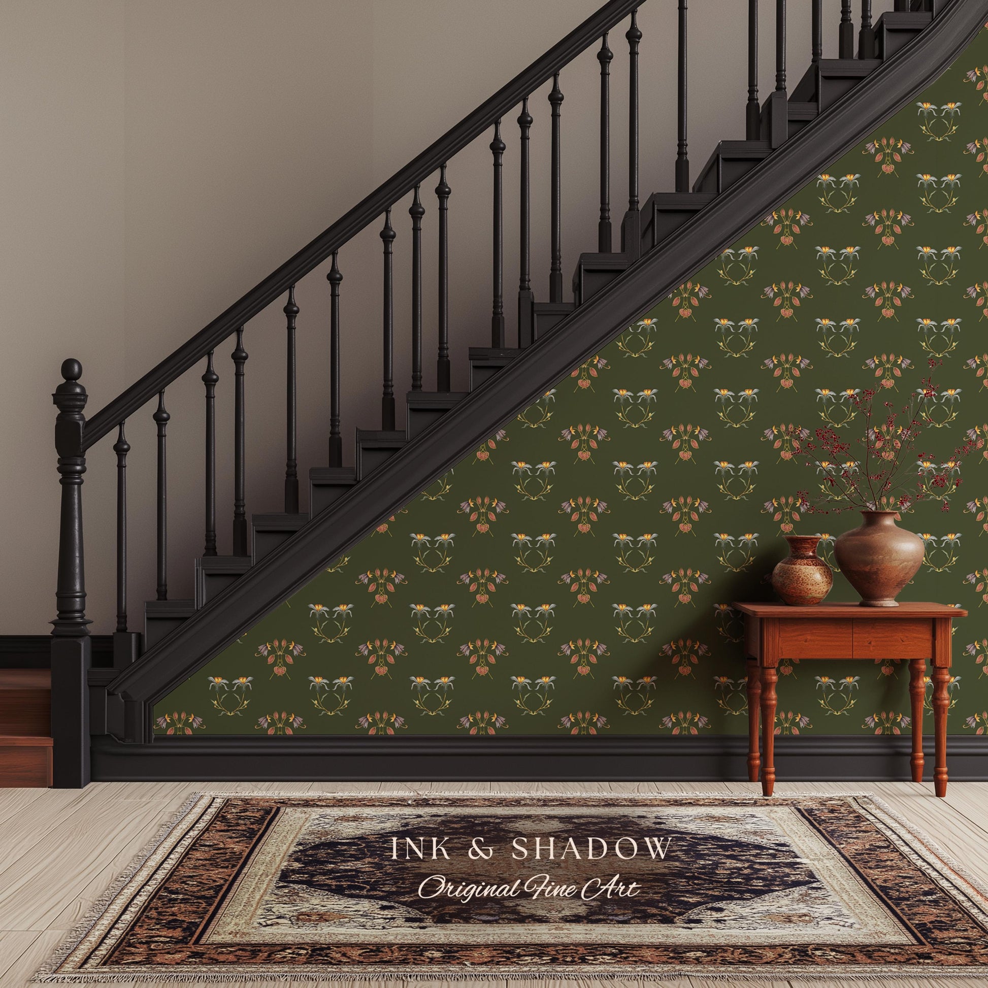 Elegant Olive Green Home Wallpaper | French Wall Art Whimsical Chateau Inspired Peel & Stick Renter Friendly Colorful Bedroom Design Rustic