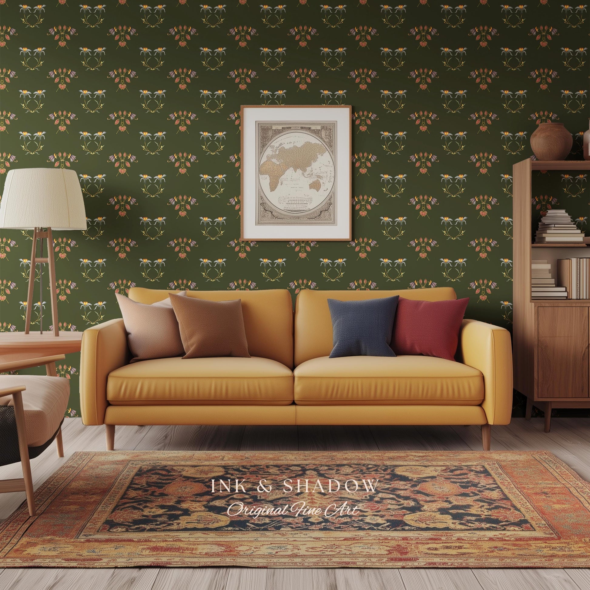 Elegant Olive Green Home Wallpaper | French Wall Art Whimsical Chateau Inspired Peel & Stick Renter Friendly Colorful Bedroom Design Rustic