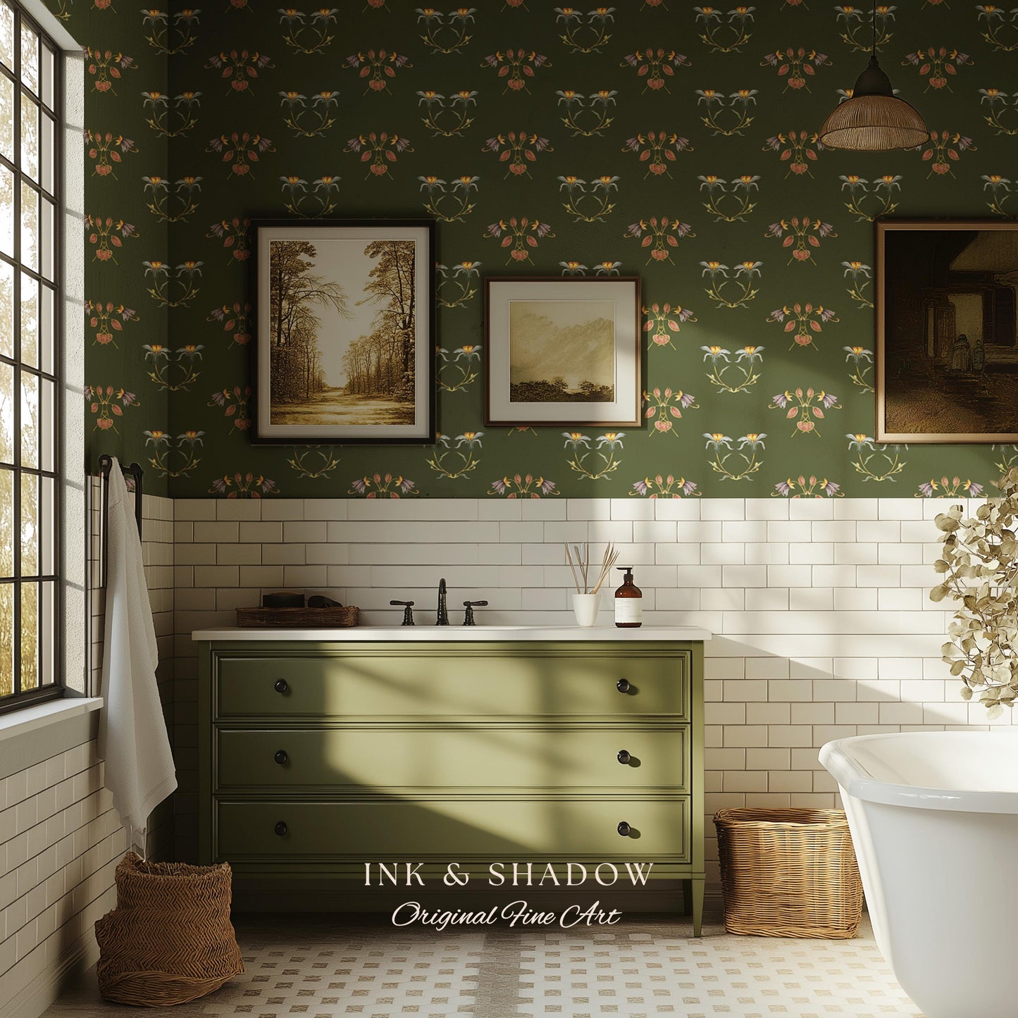Elegant Olive Green Home Wallpaper | French Wall Art Whimsical Chateau Inspired Peel & Stick Renter Friendly Colorful Bedroom Design Rustic