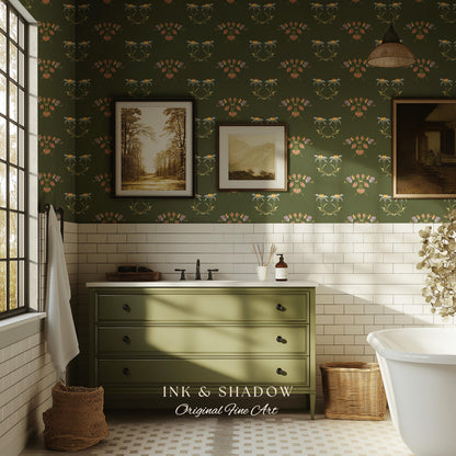 Elegant Olive Green Home Wallpaper | French Wall Art Whimsical Chateau Inspired Peel & Stick Renter Friendly Colorful Bedroom Design Rustic