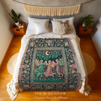 Moonlit Midsummer Night Angel Blanket | Ethereal Folklore Fairy Decor Cottagecore Medieval Dreamy Woven Tapestry Fairycore Dark Academia |