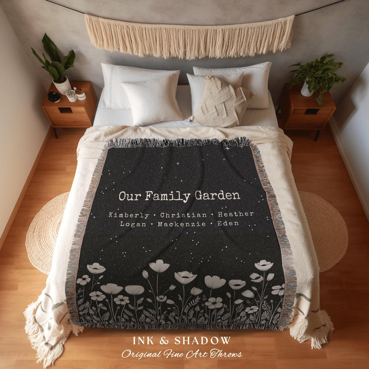 Family Garden Blanket Woven | Personalized Last Name Tapestry Custom Gift for Mom Sentimental Family Heirloom