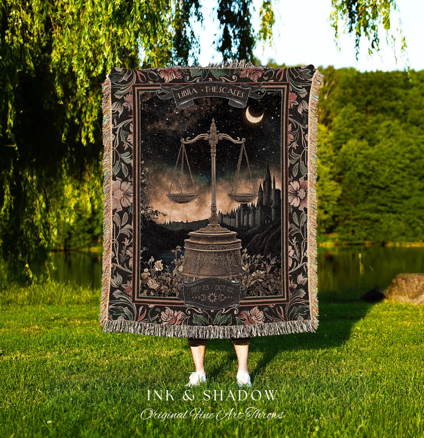 Rustic Libra Astrology Blanket The Scales Zodiac Constellation Tapestry Throw | Folklore Celestial Art Moody Starry Night Sky Landscape Gift