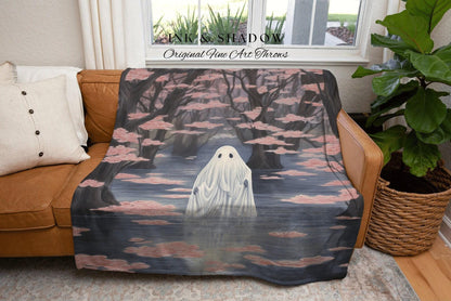 Misty Woodland Tapestry Blanket Pink Pastel Wall Art | Halloween Vintage Ghost Art Woven Tapestry Blanket Halloween Decor Dark Academia Dorm