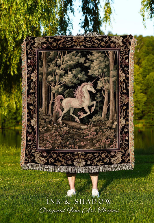 Medieval Unicorn Tapestry Blanket Dark Woodland Aesthetic | Enchanted Forest Decor Whimsical Cottagecore Fantasy Art Mystic Forestcore Throw