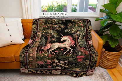 Enchanted Forest Unicorn Woven Throw Blanket Mystical Medieval Tapestry | Romantic Baroque Art Renaissance Decor Fairycore Vintage Aesthetic
