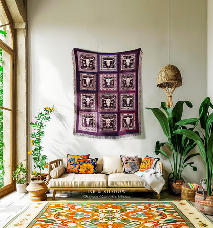 Western Gothic Bull Skull Blanket Cowgirl Aesthetic Boho Wild West Decor Skull Lover Gift Tapestry Throw Southwestern Whimsigoth Aesthetic