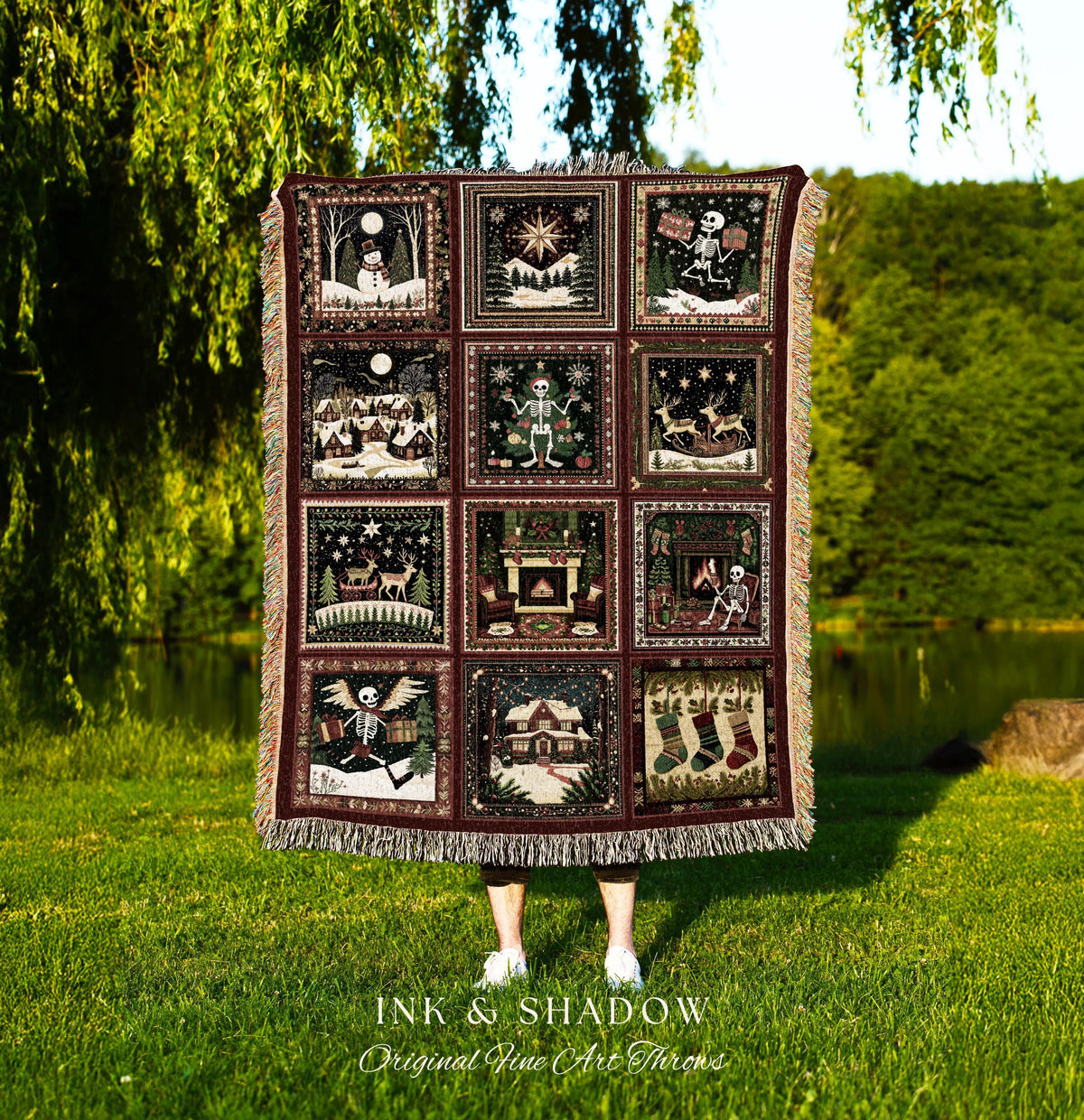 Spooky Christmas Skeleton Throw Blanket | Cute Holiday Woven Tapestry Boho Festive Aesthetic Whimsical Xmas Present Witchy Winter Theme |