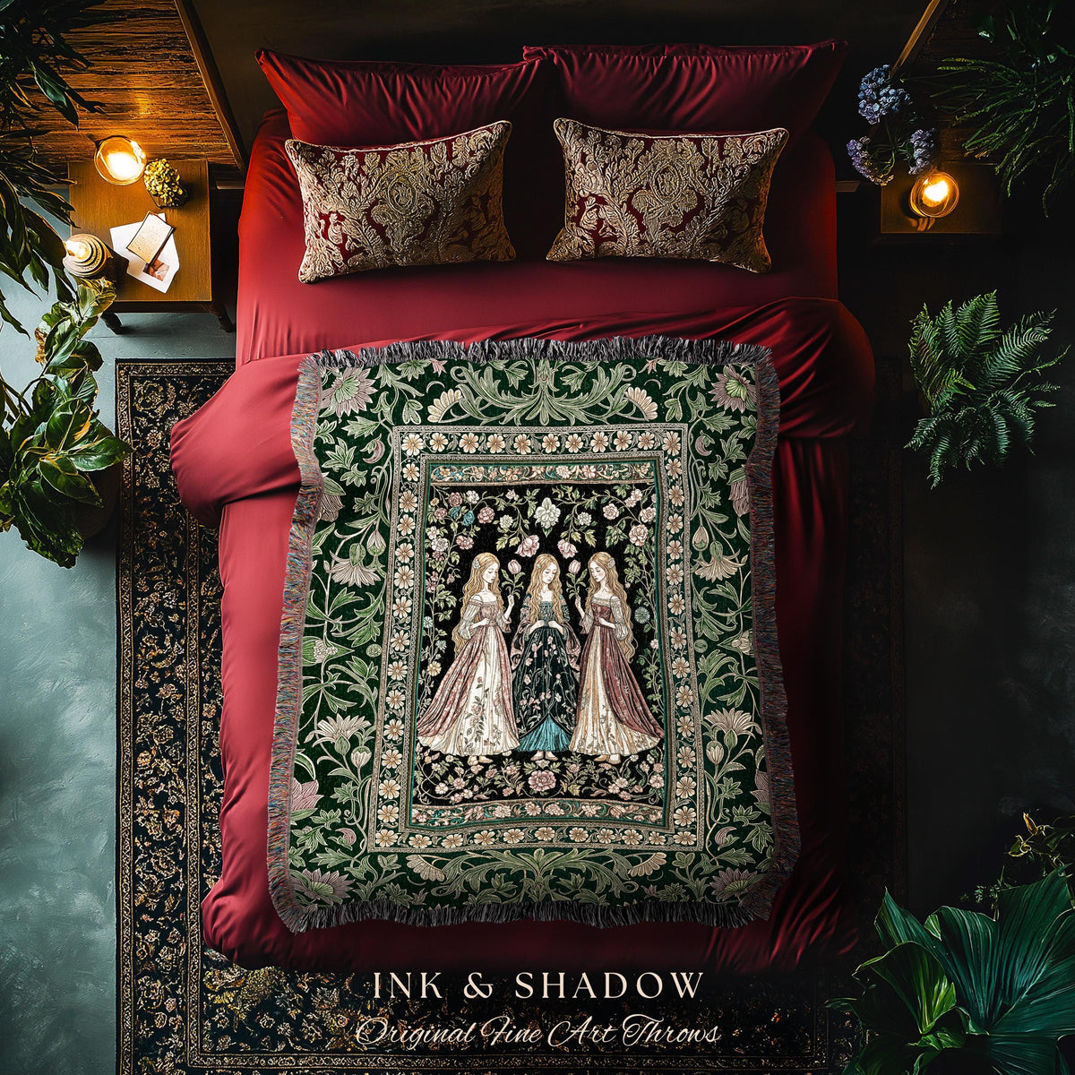Coven Sisterhood Mystic Woven Blanket | Witchcore Medieval Folklore Enchanted Botanical Wall Tapestry Celestial Folklore Wiccan Aesthetic |