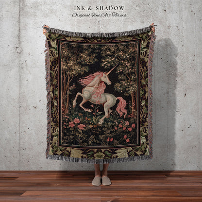 Whimsical Enchanted Unicorn Blanket Victorian Gothic Tapestry Blanket | Dark Cottagecore Throw Renaissance Folklore Baroque Aesthetic Decor