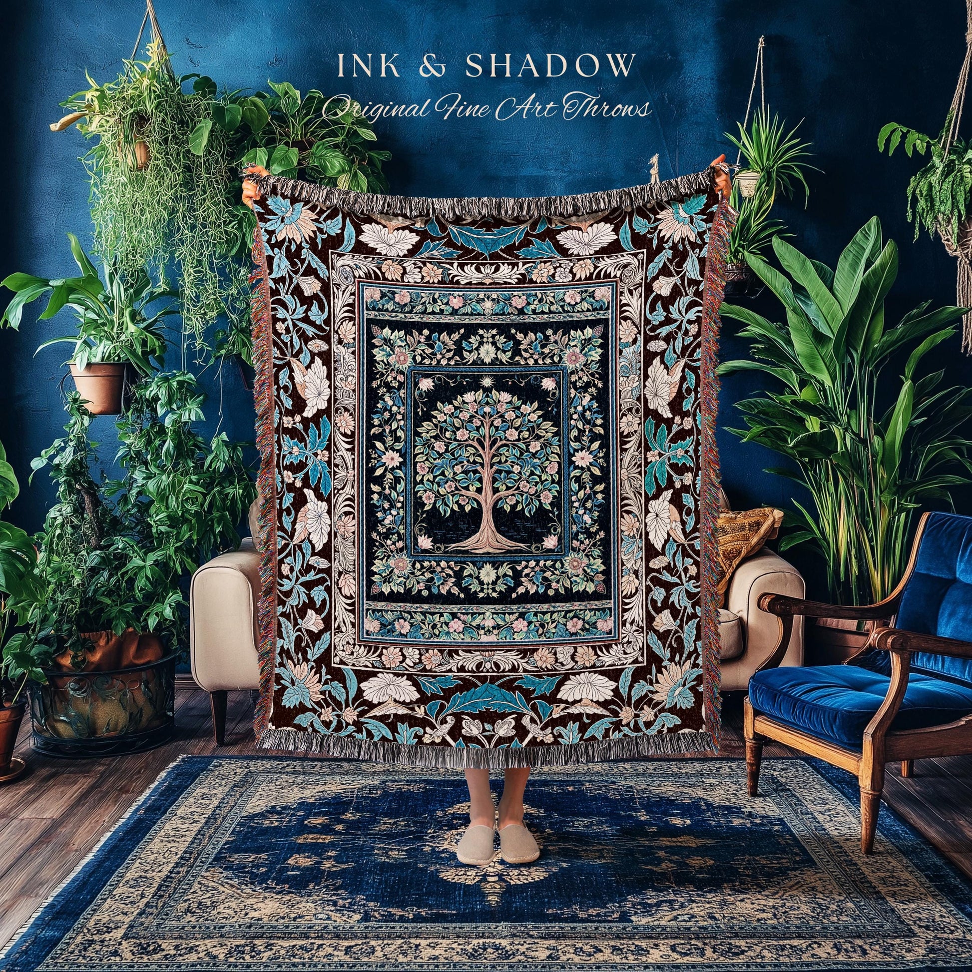 Ornate Grove Tree of Life Tapestry Blanket Jacquard Woven Coverlet